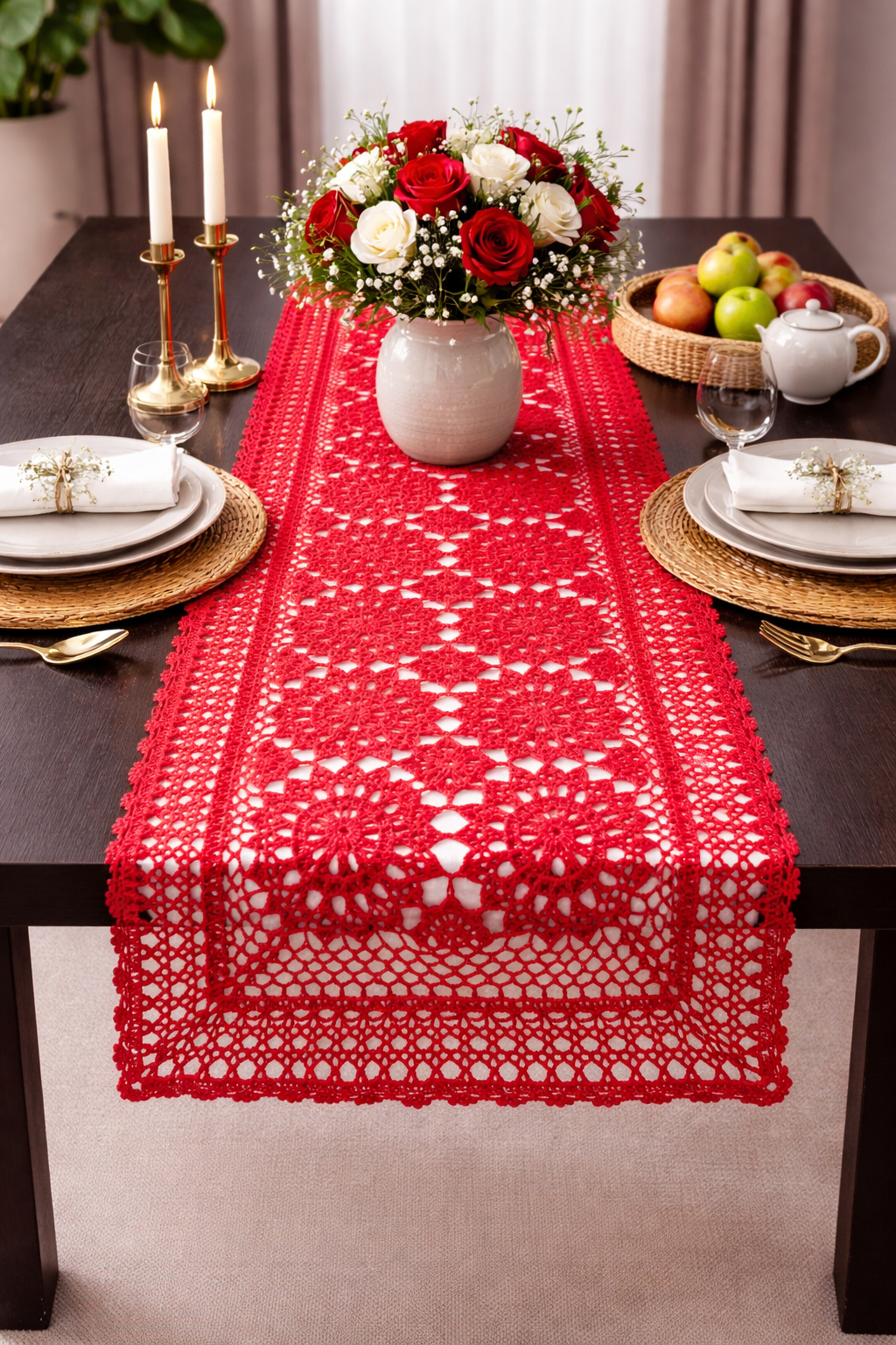 Red Hand Crocheted Mandala Cotton Table Runner