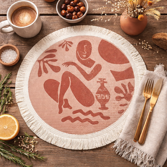 Dusty Blush Artsy Abstract Woven Fringe 13" Placemat