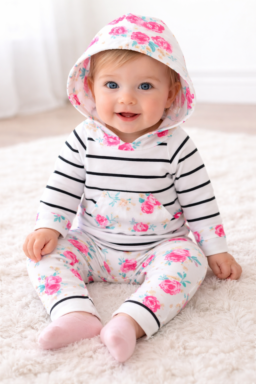 White Multi Striped Baby Hoodie and Pants