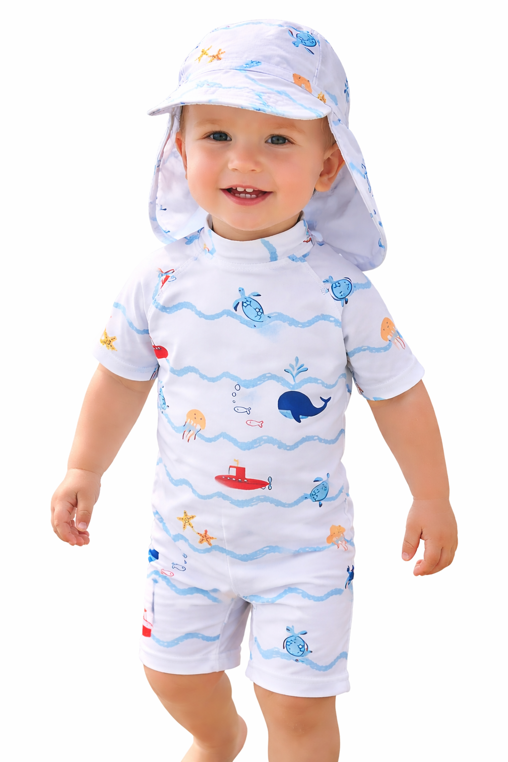 White Sea World Rash Guard & Hat 2-Piece Boy Swimwear