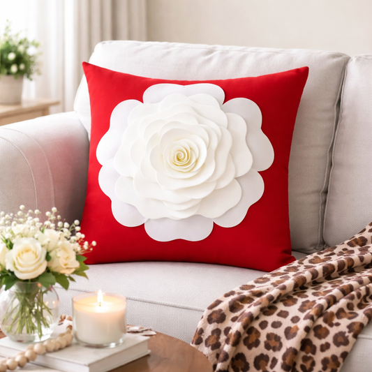 Red 3D White Rose Flower 17" Throw Pillow