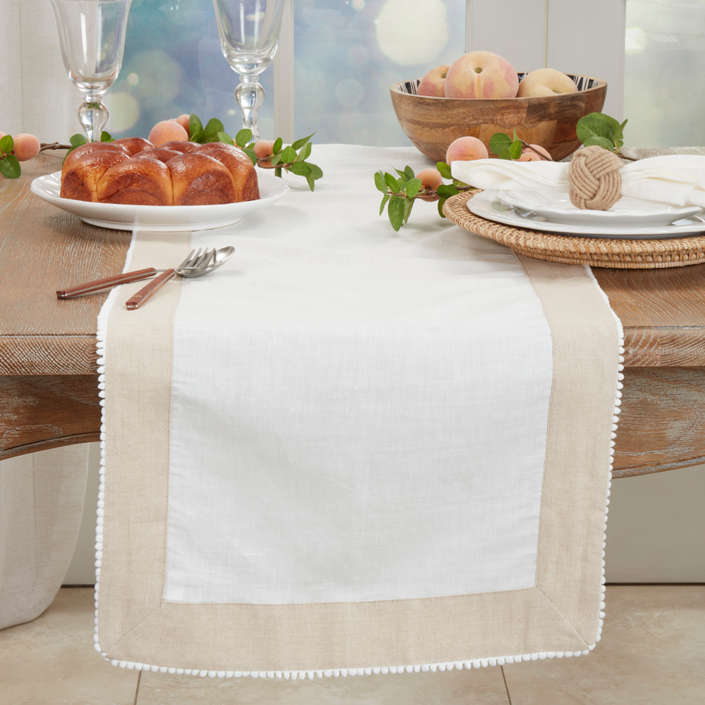 0577 - Ivory-Beige Knotted Trim Linen-Cotton 16"X72" Table Runner