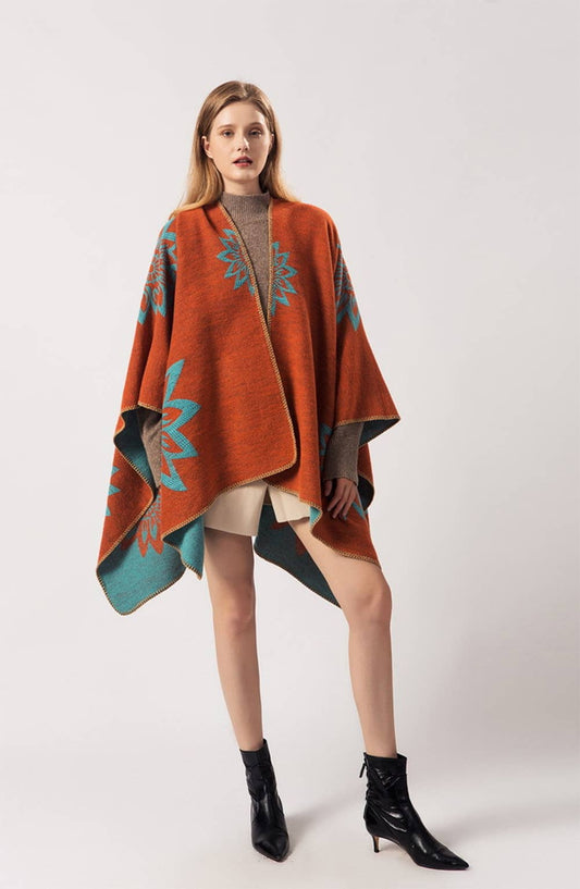 Terracotta Vintage Orange Open Front Poncho Cape Cardigan