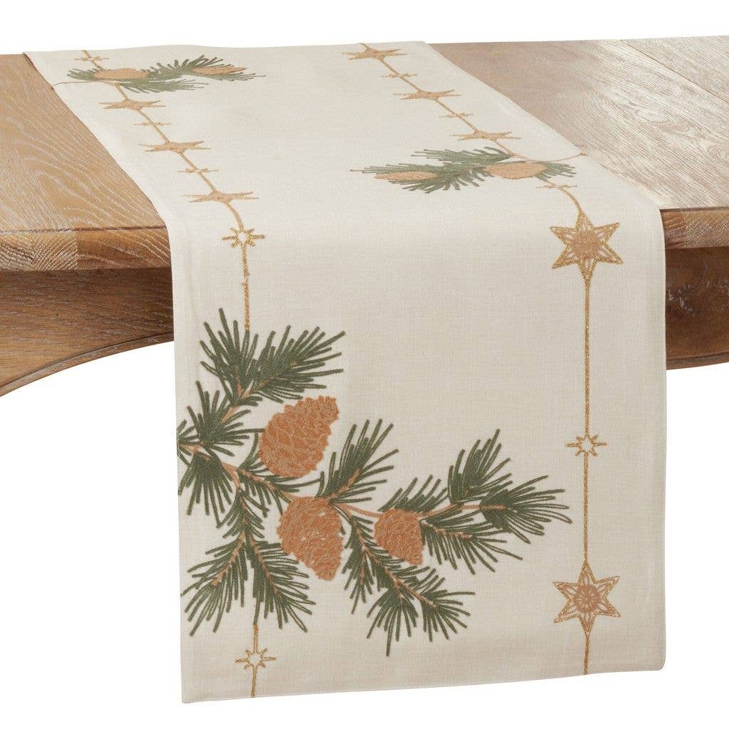 3200 - Natural Embroidered Pinecone 16x70 Table Runner