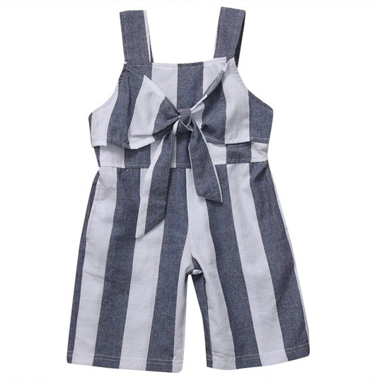 White-Grey Striped Sleeveless Girl Jumpsuit