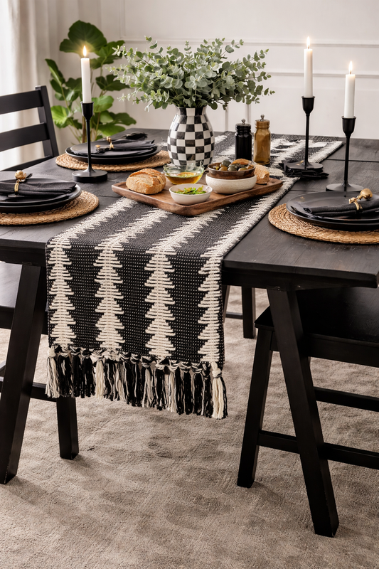 Black-Ivory Reversible Boho Cotton Blend Table Runner