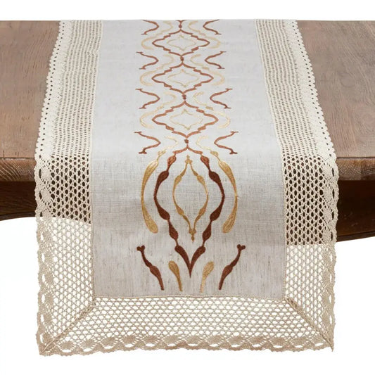 4799 - Natural Embroidered Lace 16"x72" Linen-Poly Table Runner