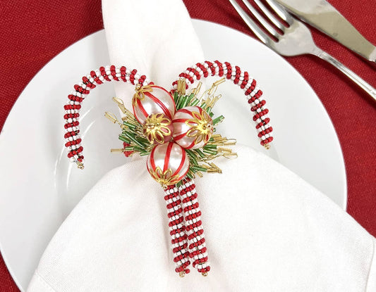 NR0178 - Hand-Beaded Candy Cane Holiday Napkin Ring