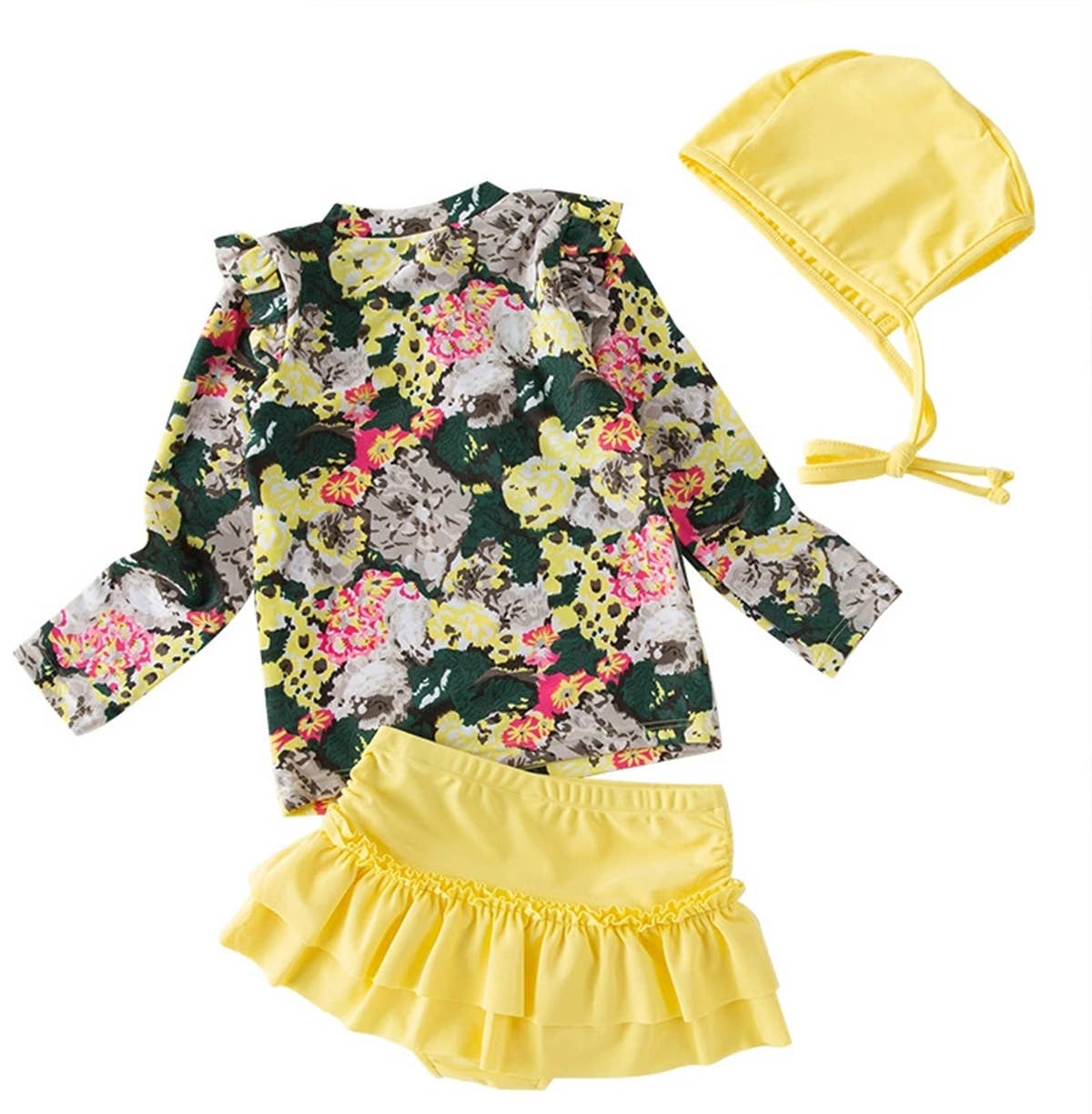 Yellow Floral 3-Piece Toddler Girl Swimwear Set