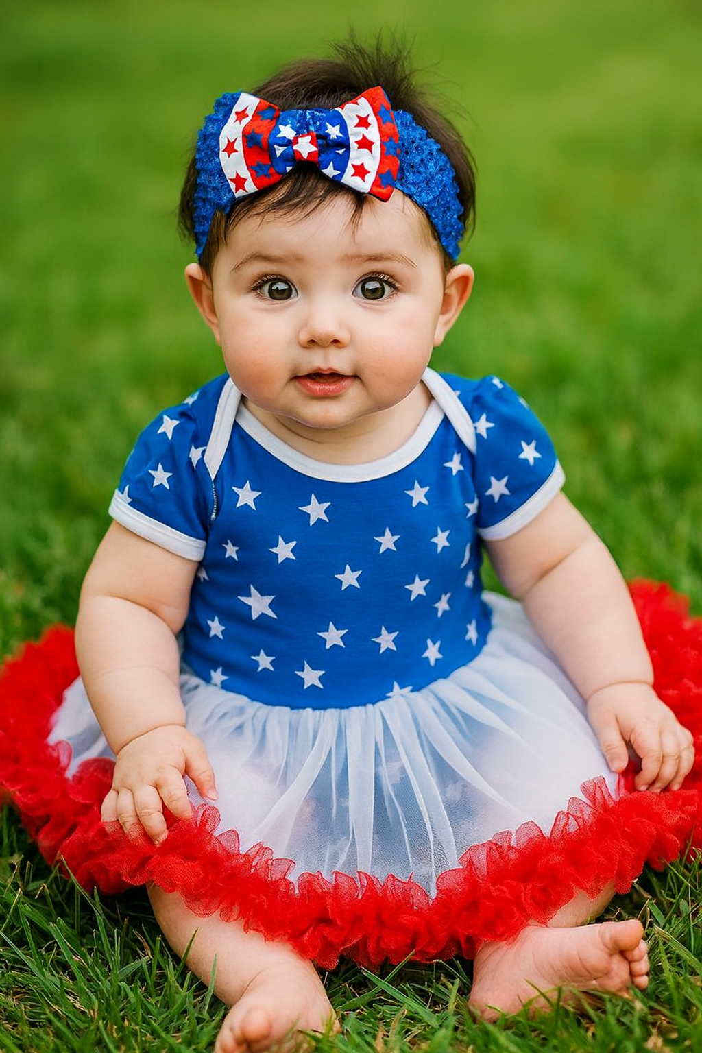 Blue American Flag Star Baby Romper Dress & Headband