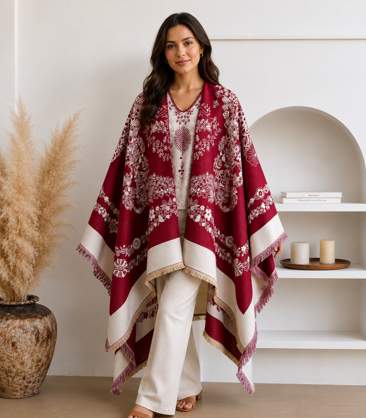 Burgundy Floral Jacquard Cashmere-Feel Ruana Wrap