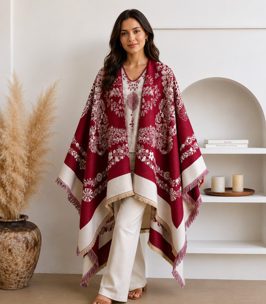 Burgundy Floral Jacquard Cashmere-Feel Ruana Wrap
