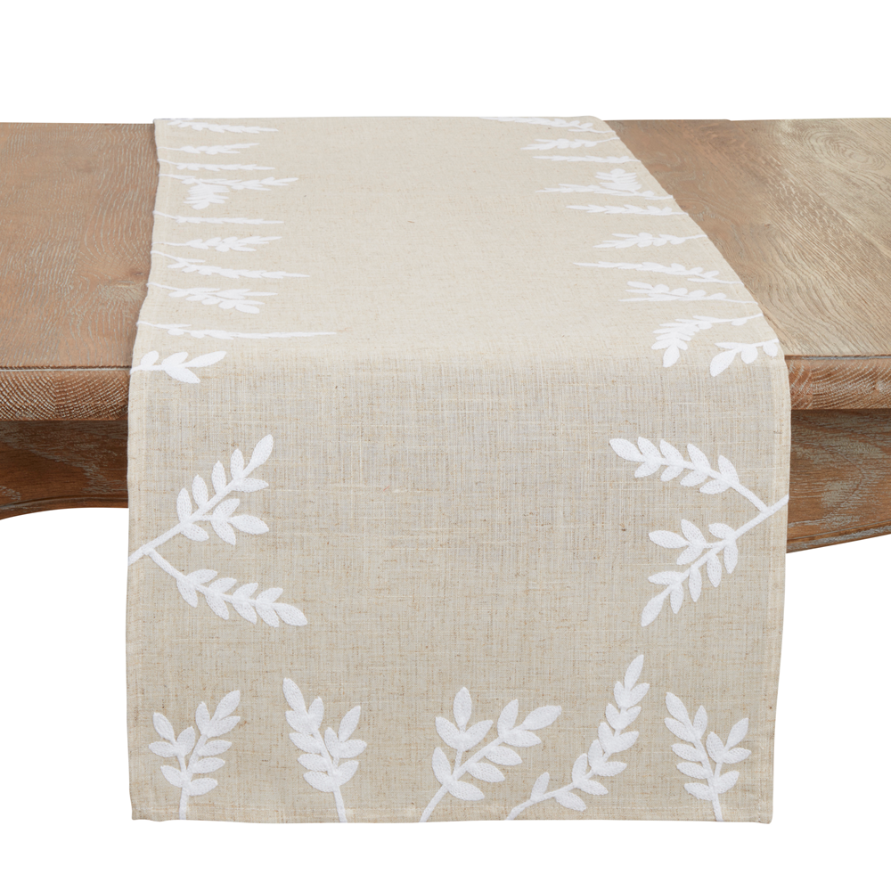 3903 - Natural Embroidered Leaves Table Runner