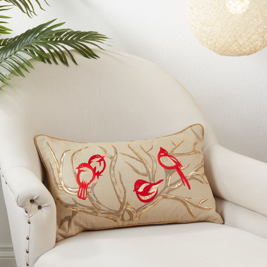 1129 - Embroidered Bird Branch Cotton Lumbar Throw Pillow