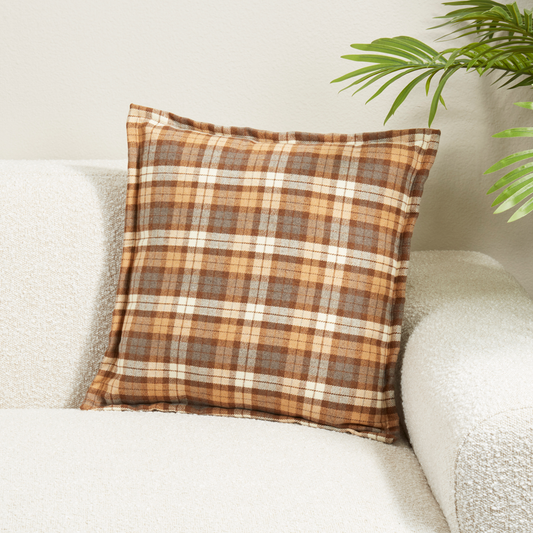 2441 - Brown Plaid Rustic Flange 18" Throw Pillow