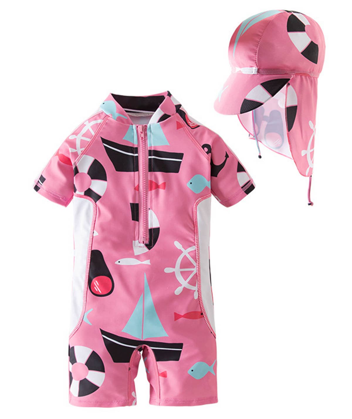 Beach Design Pink Rash Guard & Sun Hat 2pcs Girl Swimwear