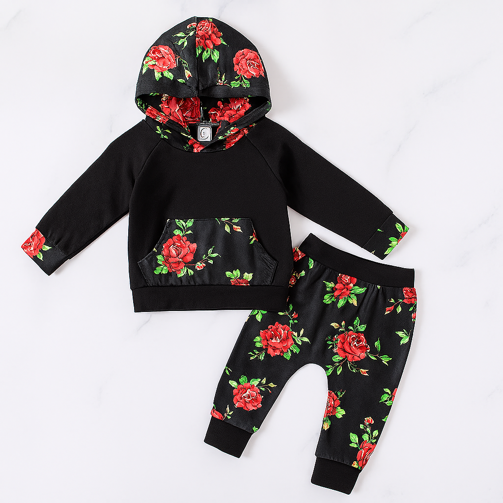 Black Floral Print Baby Hooded Sweatshirt & Silky Pants