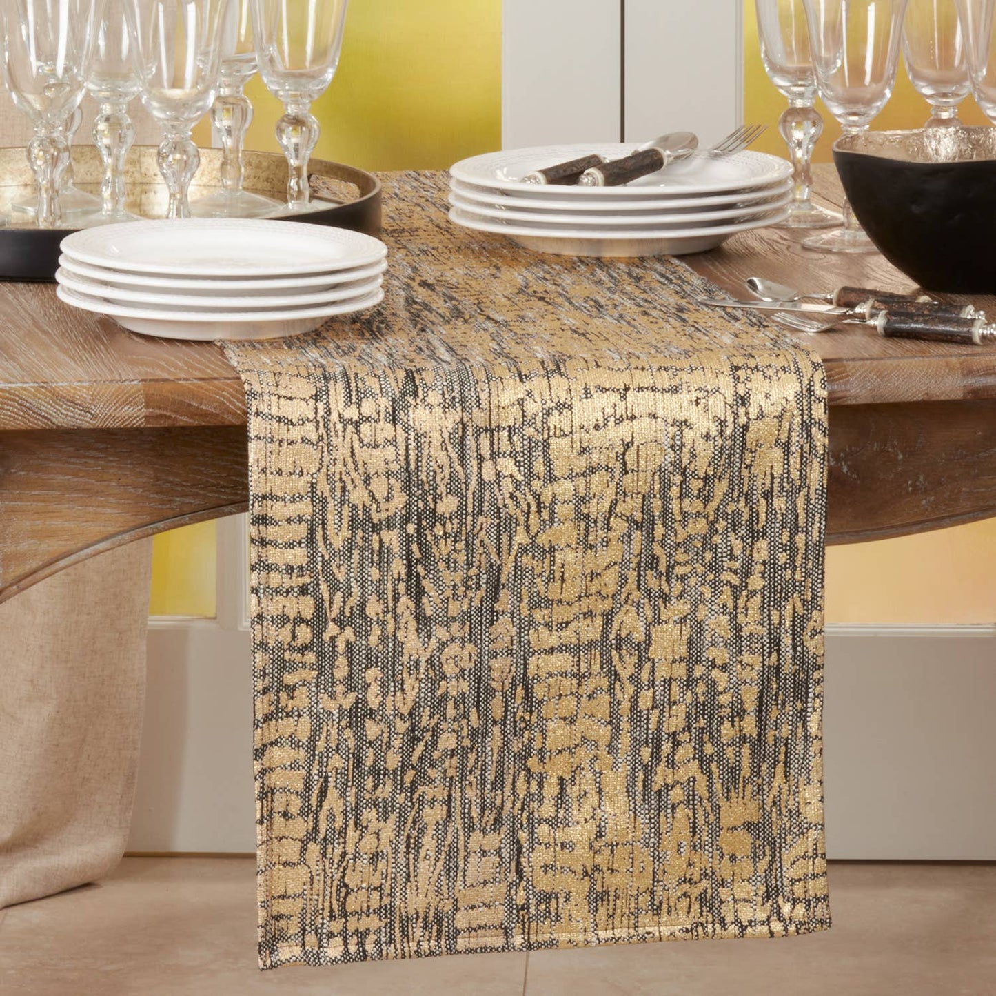 9917 - Animal Gold-Black Foil Print Cotton 16x72 Inch Table Runner