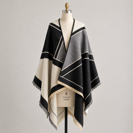 Black & Ivory Cashmere-Feel Geometric Shawl Wrap Poncho