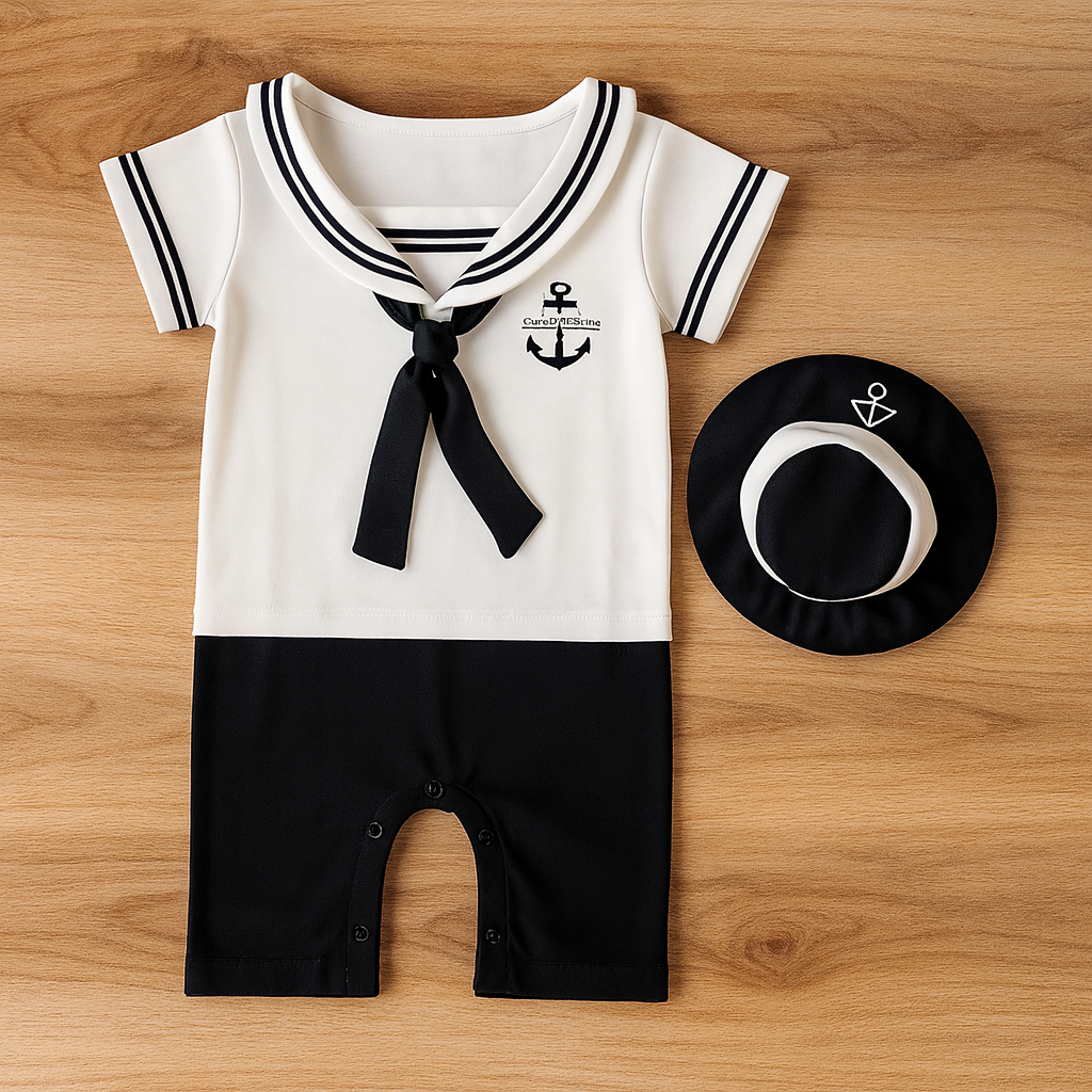 White Sailor Cotton Baby Romper & Hat