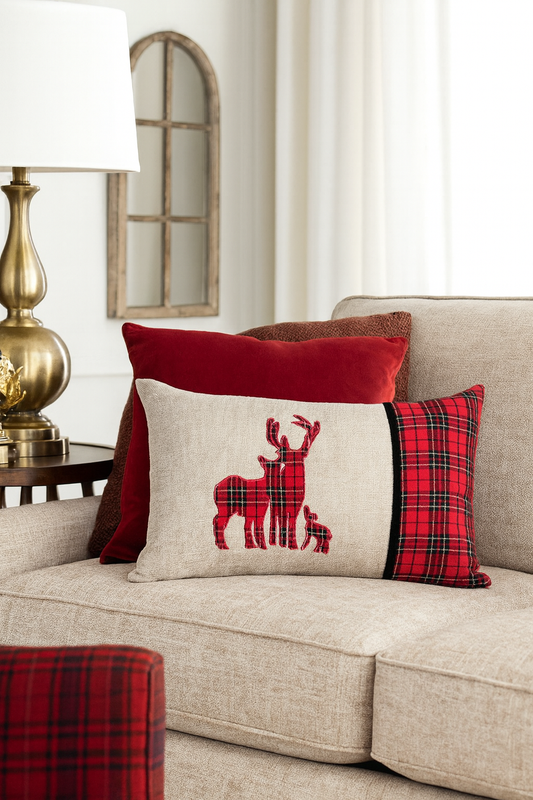 TBL0003 - Reindeer Tartan Plaid Decorative Lumbar Throw Pillow