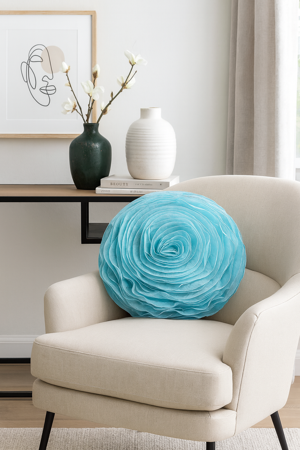 160 - Turquoise Rose Chiffon 16" Flower Throw Pillow