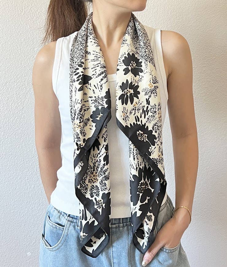 Black Green Floral Silky Square Scarf