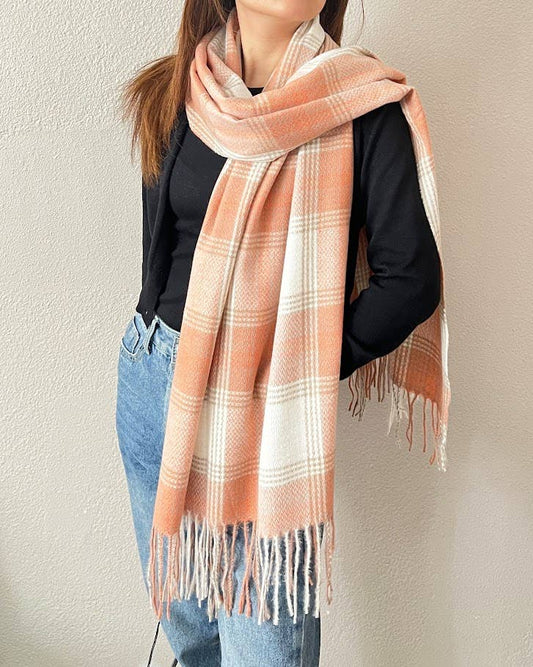 Orange Classic Plaid Cashmere Wrap Scarf with Fringe