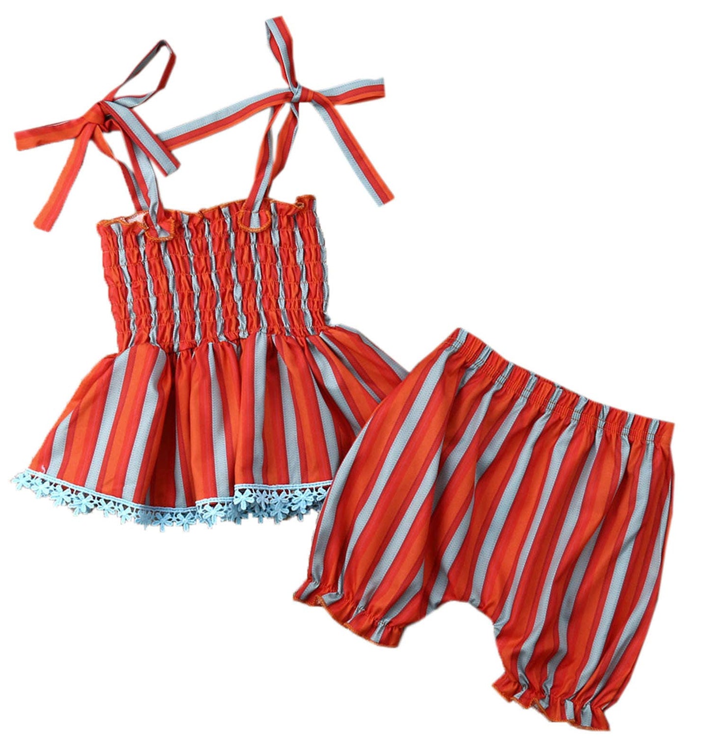 Terracotta Striped Pleated Baby Girl Top & Shorts