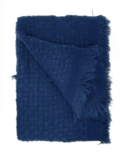 TH0010 - Navy Blue Waffle Weave Fringed  50"X60" Throw Blanket