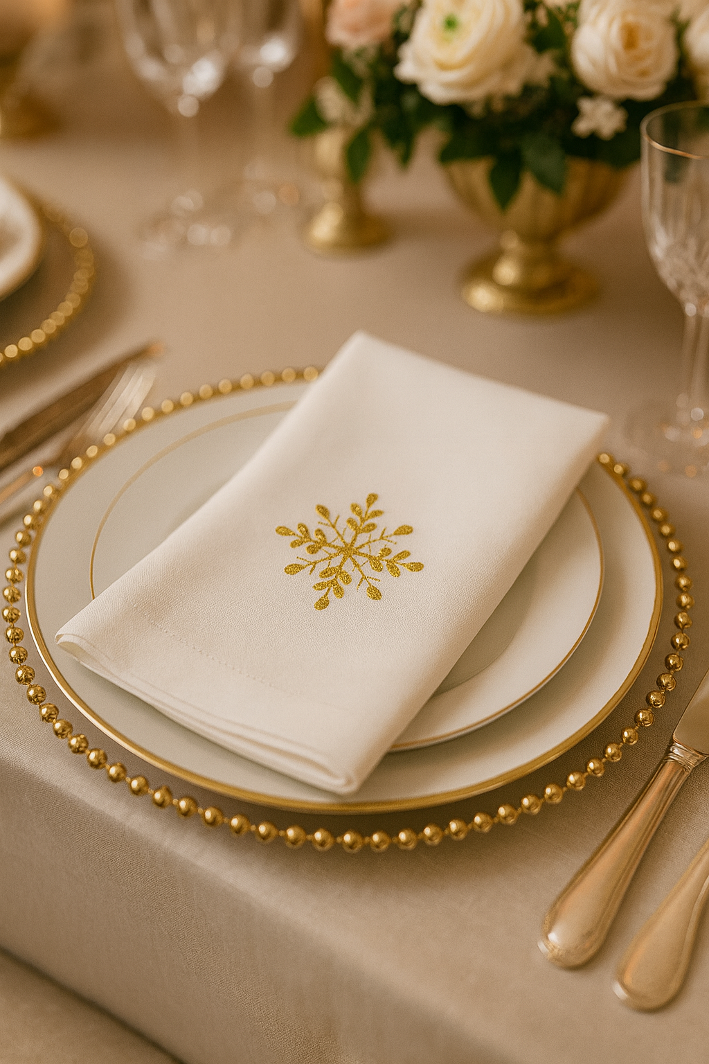 116 - Gold Embroidered Snowflake Holiday 20" White Dinner Napkin