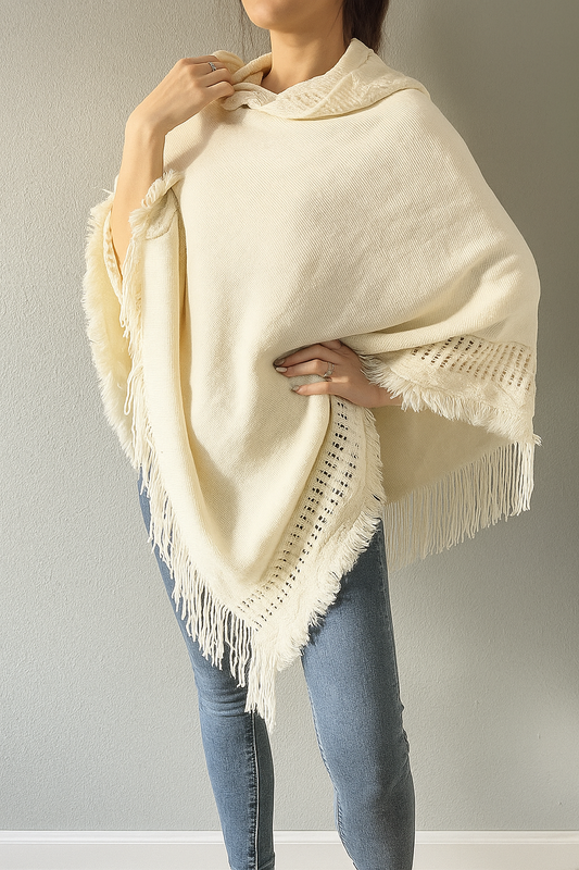 Ivory Knit Fringed Hooded Poncho