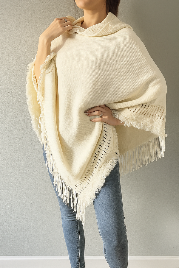 Ivory Knit Fringed Hooded Poncho