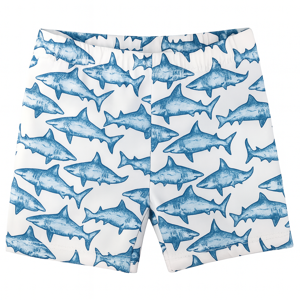 Blue-White Shark Print Drawstring Boy Swim Trunk