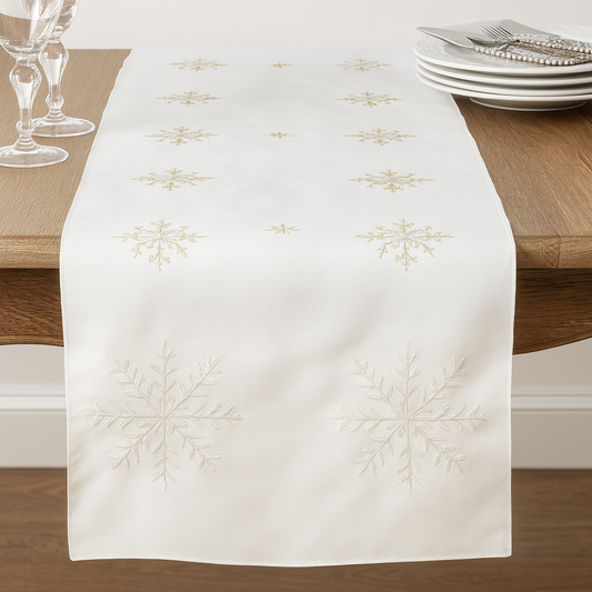 116 - Gold Embroidered Snowflake White Table Runner