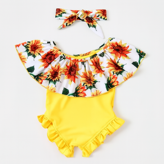 Sunflower Ruffle One-Piece Toddler Girl Swimsuit & Headband
