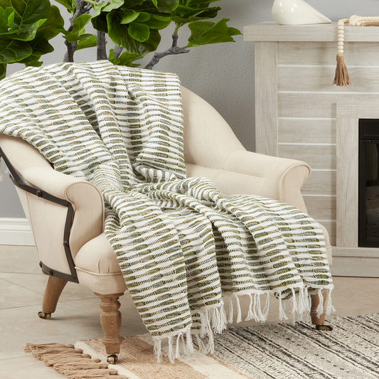 TH852 - Green Woven Line Cotton-Acrylic Throw Blanket