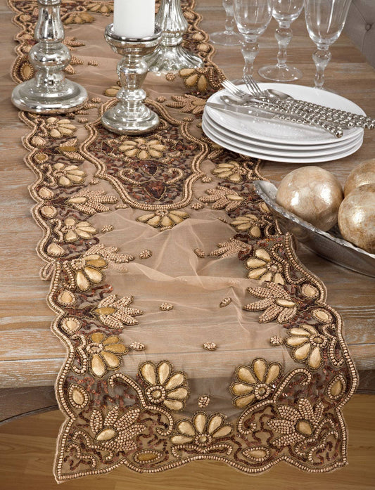 5283 - Gold Beaded Table Runner – 16" x 72" Decorative Accent