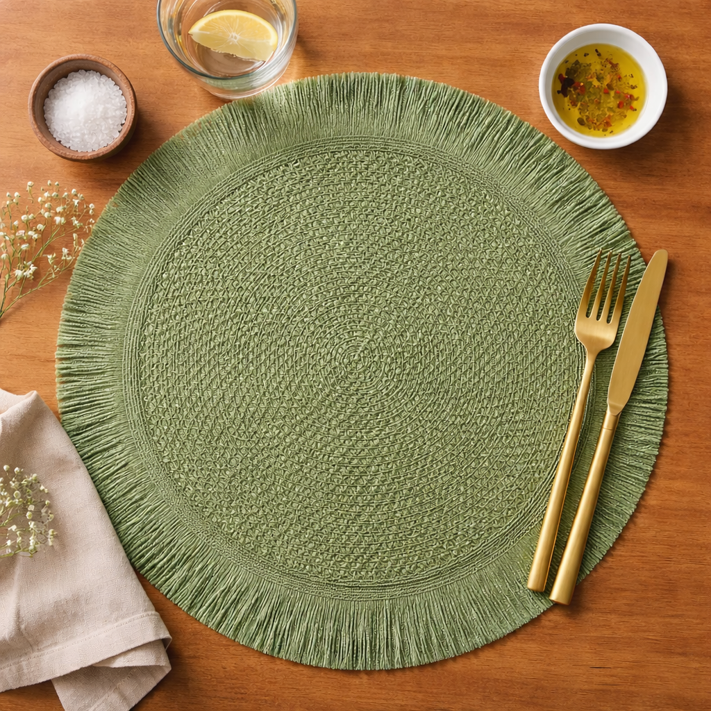 Olive Green Braided Woven 15" Placemat with Fringe