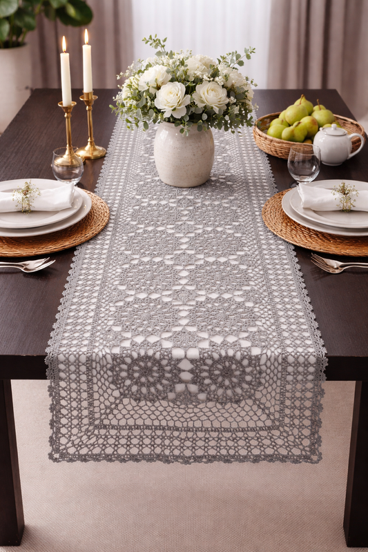 Slate Hand Crocheted Mandala Cotton Table Runner, 16x72 in