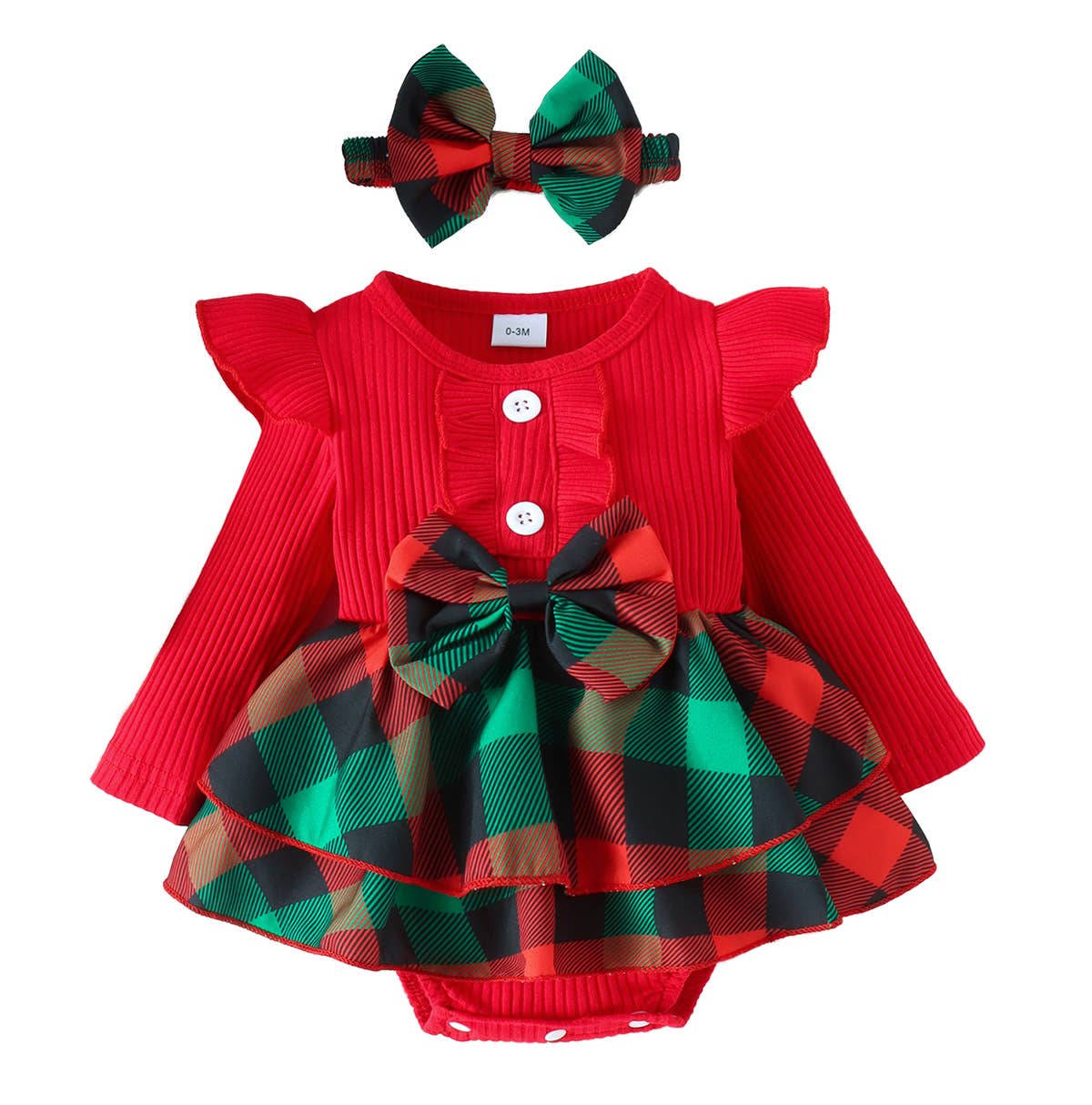 Red Holiday Plaid Ruffled Baby Romper Dress & Headband