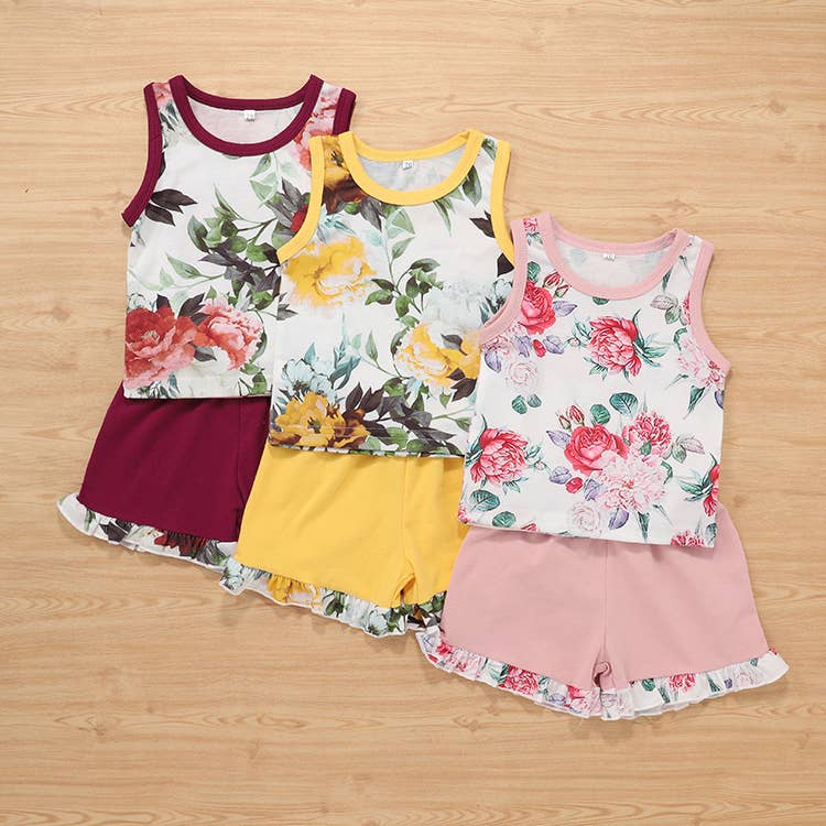 Baby Girl Floral Tank Top, Shorts, Headband 3pcs Outfit