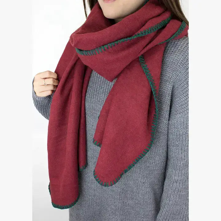 Wine Stitched Trim Wool Blanket Scarf