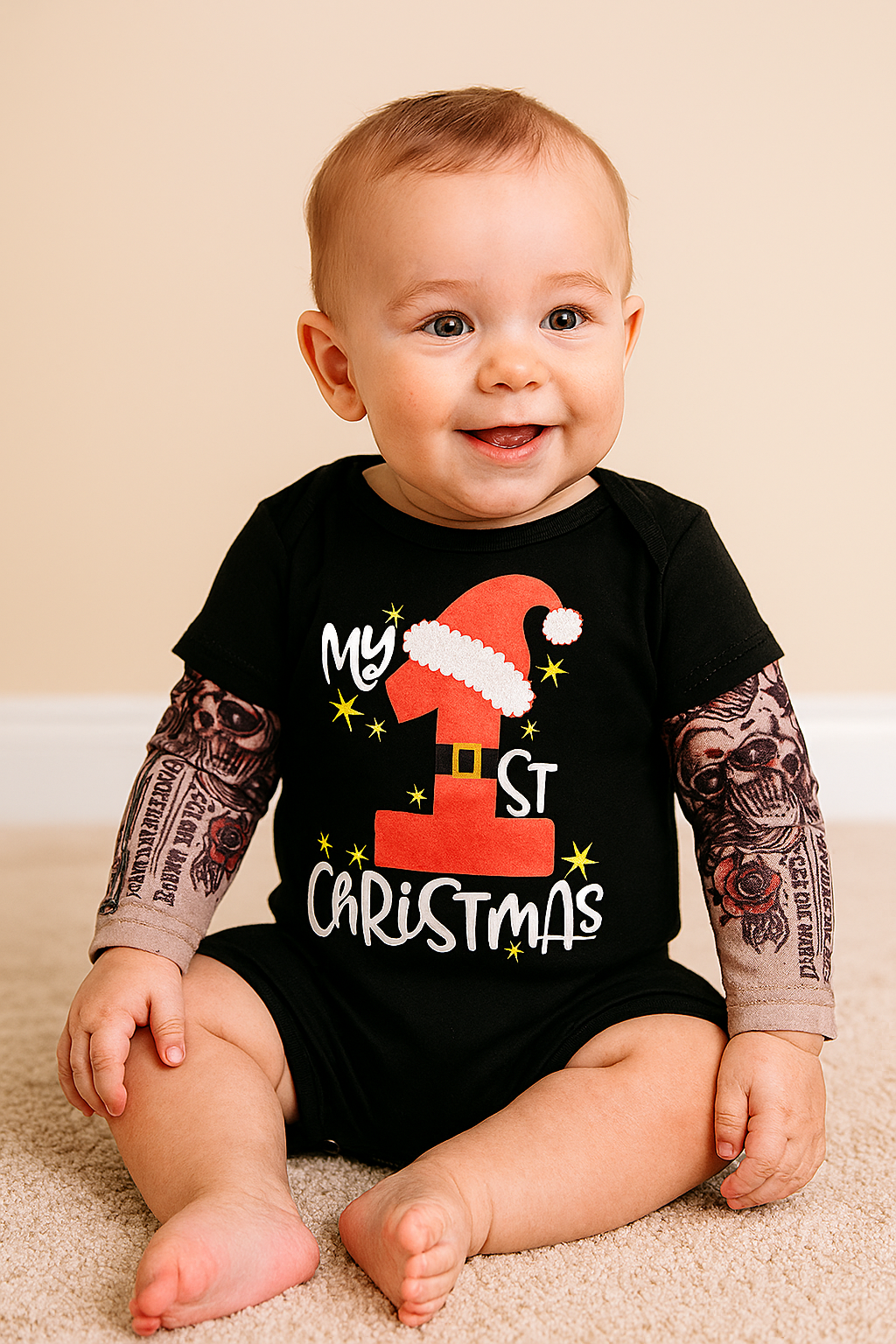 Black My First Christmas Tattoo Baby Romper