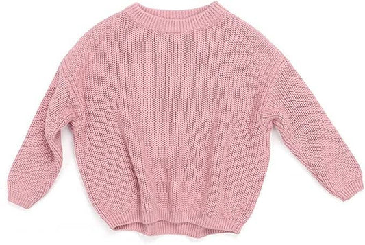 Rose Pink Knit Crewneck Solid Baby Girl Pullover Sweater