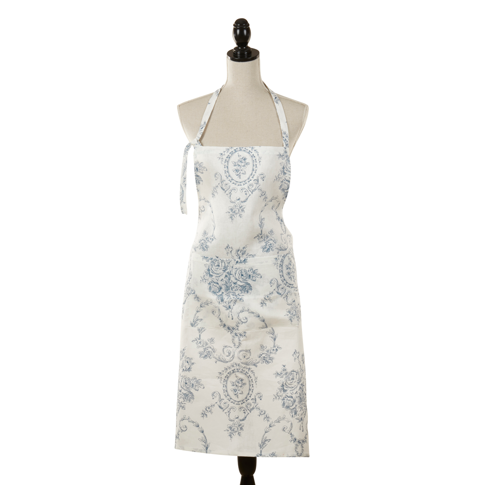 1162 - Indigo Toile Floral Linen-Cotton Apron