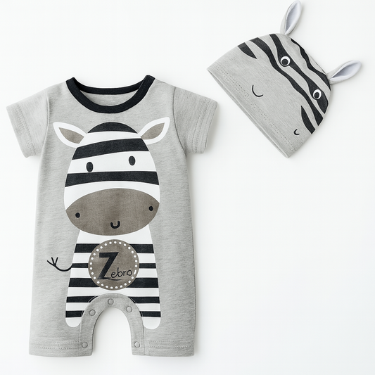 Gray Zebra Baby Romper with Matching Hat