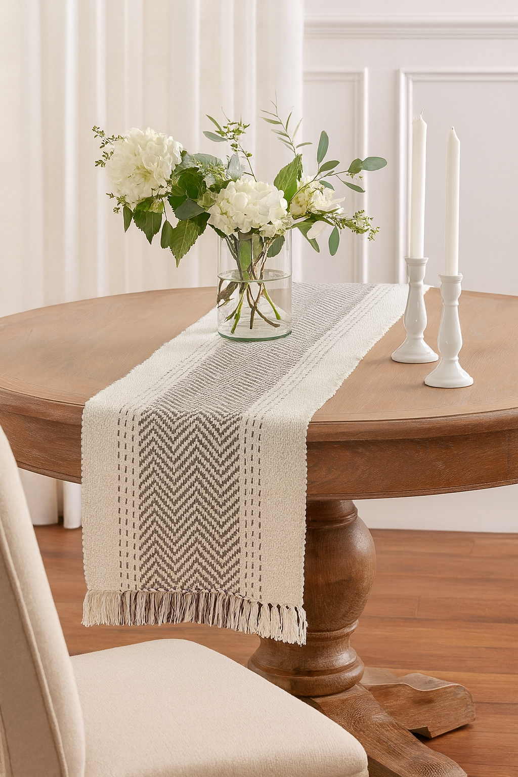 1229 - Grey Kantha Stitch Tasseled Cotton Table Runner