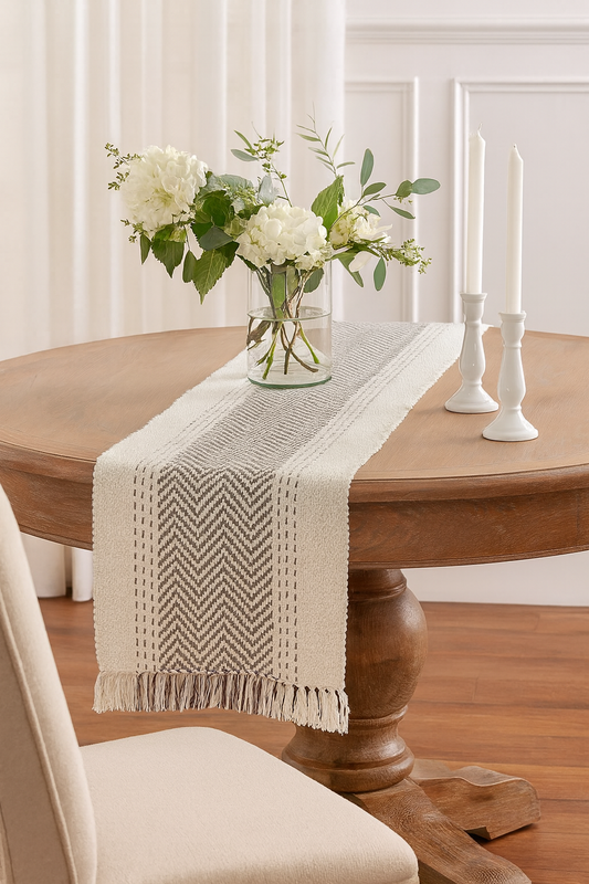 1229 - Grey Kantha Stitch Tasseled Cotton Table Runner