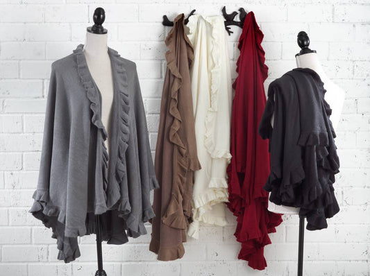 Ruffle Trim Knit Open Front Cozy Warm Women Poncho Cape
